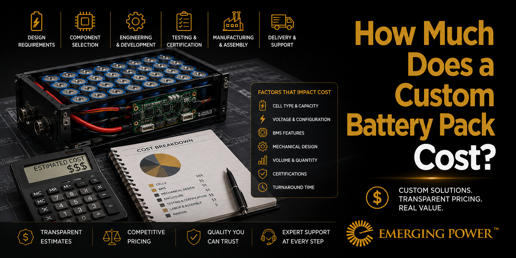 Custom battery pack cost factors for OEM battery design and manufacturing